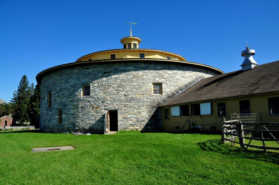 Hancock, Massachusetts - September 17, 2014:  The 1826 round stone barn at the Hancock Shaker Village