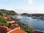 ST BARTS, FRENCH WEST INDIES - JANUARY 12:Aerial view at Gustavia Harbor with mega yachts on January 12, 2004 in St Barts. The island is popular tourist destination during the winter holiday season 