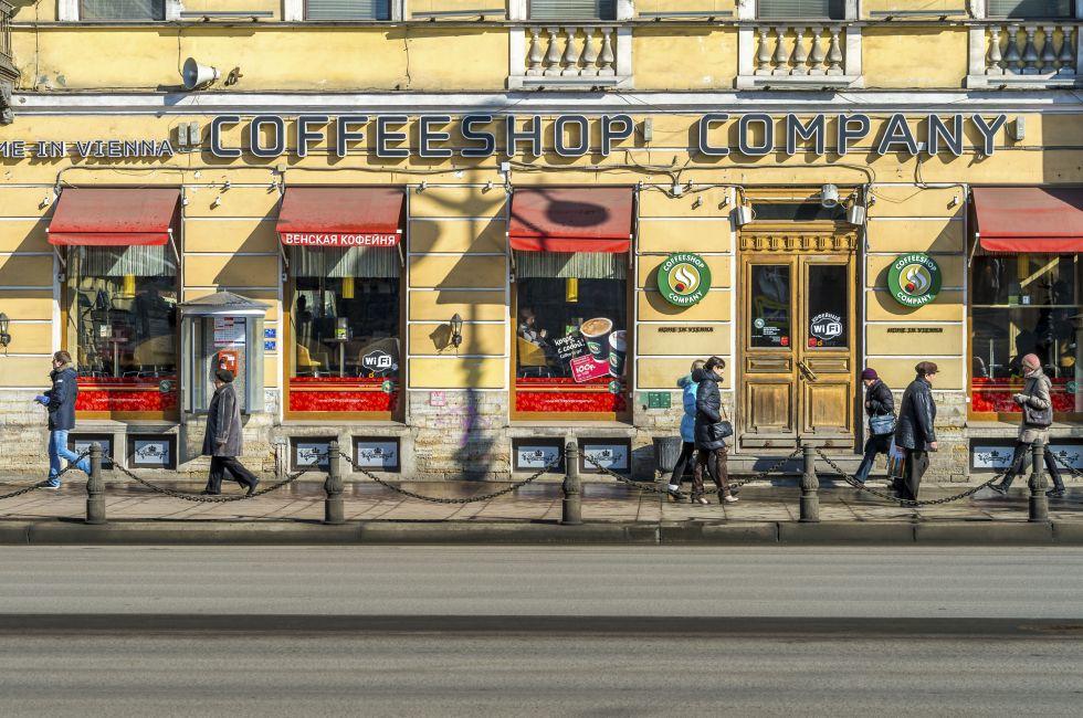 ST. PETERSBURG - CIRCA MARCH 2013: Coffee shop in Nevsky Prospect Ave. in St. Petersburg, circa March 2013. A tourist attraction with 221 museums, 2000 libraries, and 80 plus theaters within the city.; Shutterstock ID 153379694; Project/Title: Moscow ebook