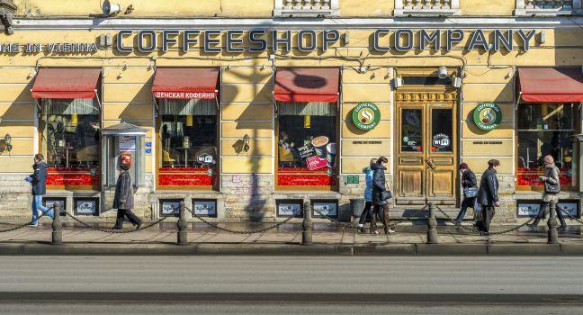 ST. PETERSBURG - CIRCA MARCH 2013: Coffee shop in Nevsky Prospect Ave. in St. Petersburg, circa March 2013. A tourist attraction with 221 museums, 2000 libraries, and 80 plus theaters within the city.; Shutterstock ID 153379694; Project/Title: Moscow ebook