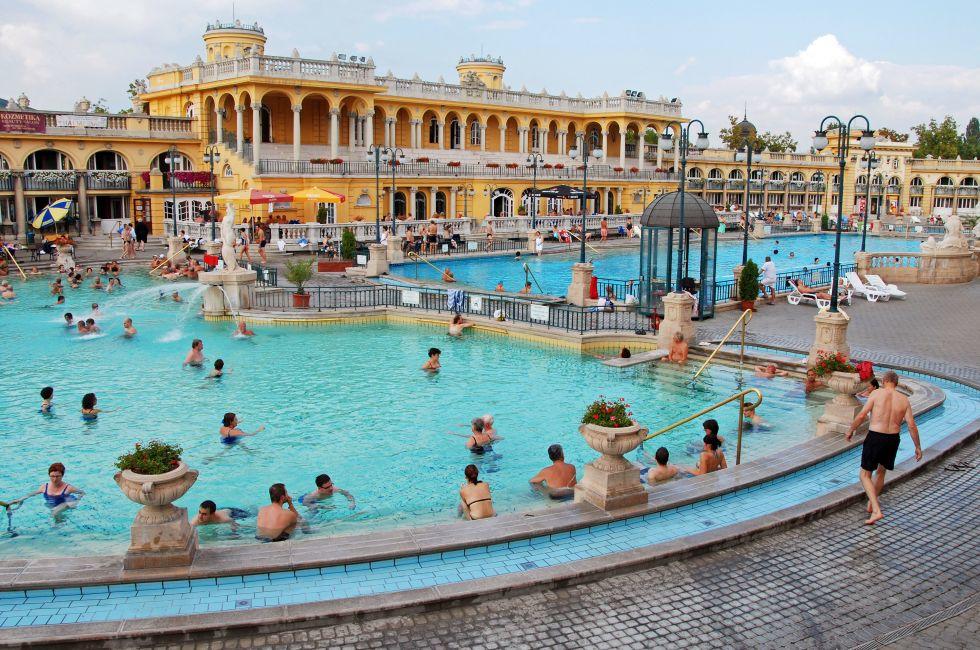BUDAPEST - CIRCA SEPTEMBER 2009: People bathe in the Szechenyi spa circa September 2009 in Budapest. Szechenyi Medicinal Bath is the largest medicinal bath in Europe.