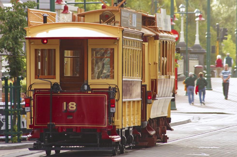 Ancient English tram on the Christchurch's street, New Zealand;  