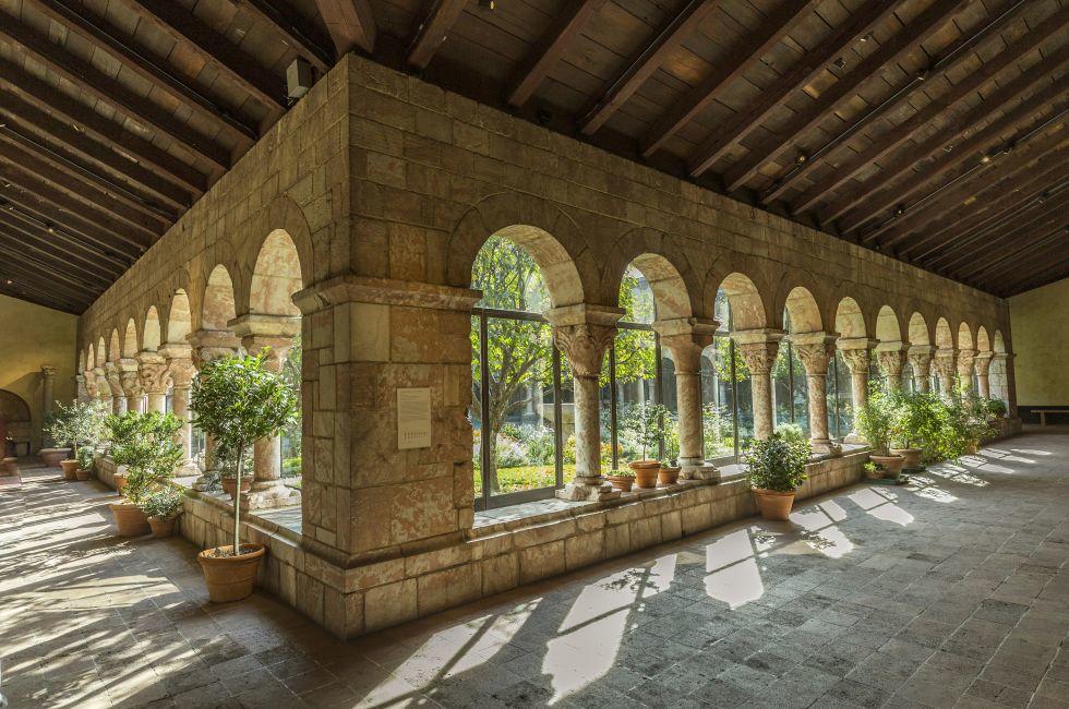 NEW YORK, USA - OCT 22, 2015: Colonnade and garden at The Cloisters, the branch of The Metropolitan Museum of Art devoted to the art and architecture of medieval Europe, , New York,USA.