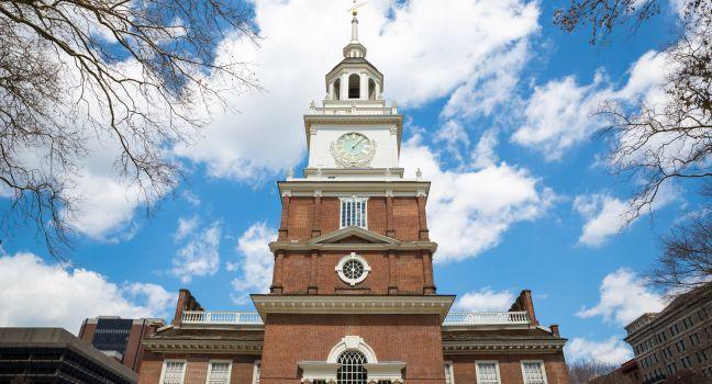 Independence Hall in Philadelphia Pennsylvania from the south side, site of the signing of the Declaration of Independence in 1776.