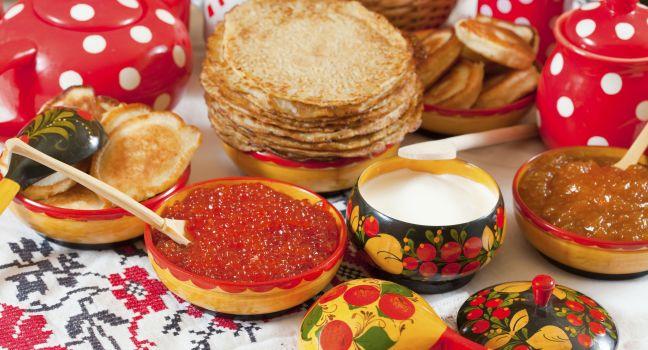Pancake with red caviar and tea during  Pancake Week; Shutterstock ID 80499463; Project/Title: Moscow ebook