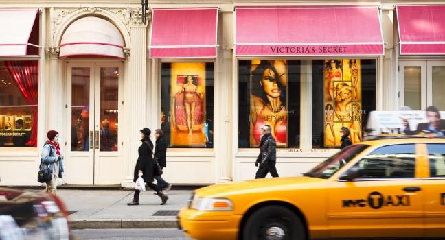 New York, New York, USA - March 27, 2011: The Victoria's Secret store on Broadway in the Soho area of downtown Manhattan. People are seen walking on the street as a car and Taxi drive by in the late afternoon.