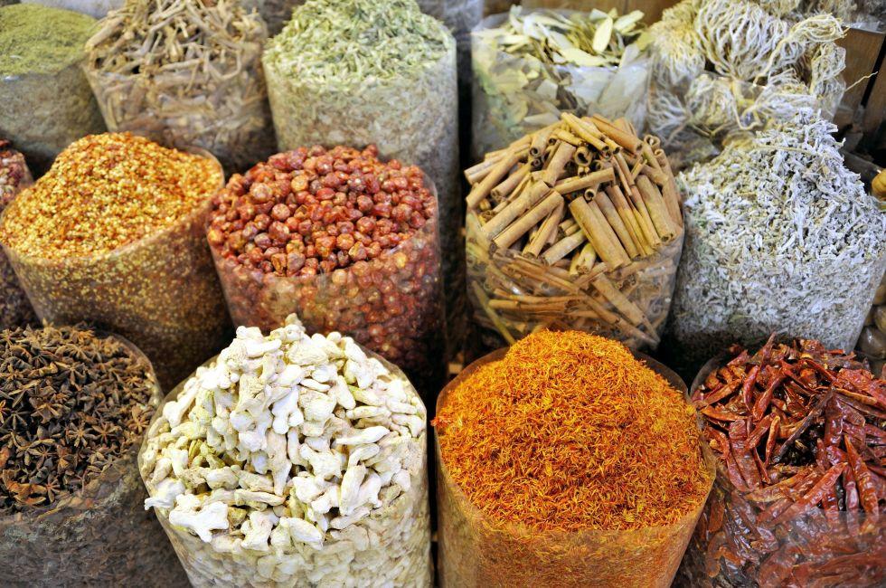 Spices in the spice souk in Dubai. Selective focus at the first row; 