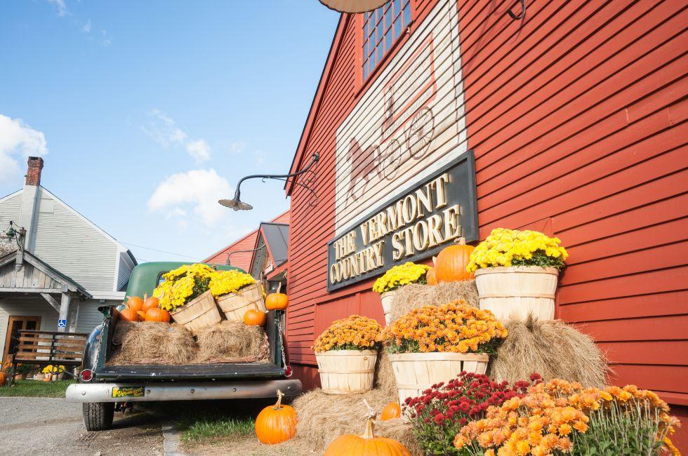 WESTON, VERMONT, USA - OCTOBER 10; the historic Vermont Country Store with produce display outside on October 10,2014 in Weston, USA .The tourist destination store retails range of traditional goods