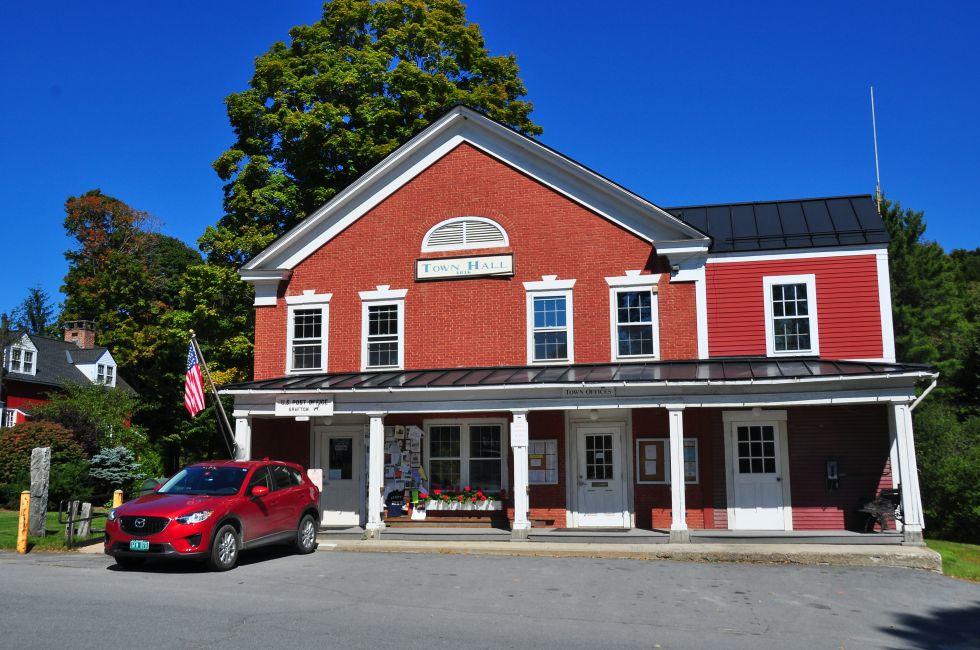 Grafton, Vermont:  A long portico covers the entrances to the 1816 brick Town Hall and United States Post Office 