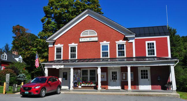 Grafton, Vermont:  A long portico covers the entrances to the 1816 brick Town Hall and United States Post Office 