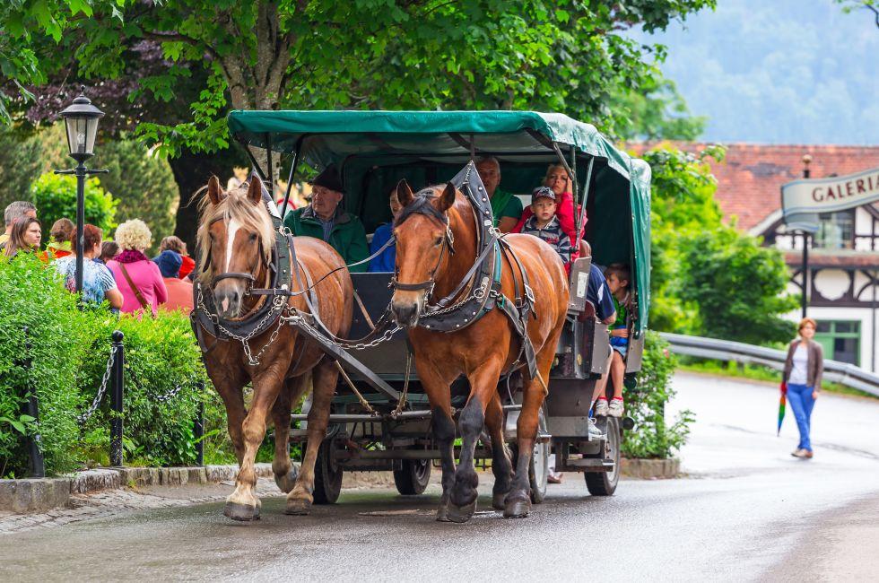 HOHENSCHWANGAU, GERMANY - 19 JUNE 2014: Tourists on a horse-drawn carriage at the Neuschwanstein Castle in Hohenschwangau, Germany. Hohenschwangau is a village located between two popular castles.