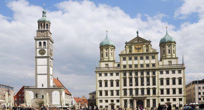AUGSBURG, GERMANY - APRIL 16: City centre of Augsburg on April 16, 2011. Augsburg  hosts the women soccer worldcup  2011. It is the 2nd oldest town of Germany, visited by 600,000 tourists every year.