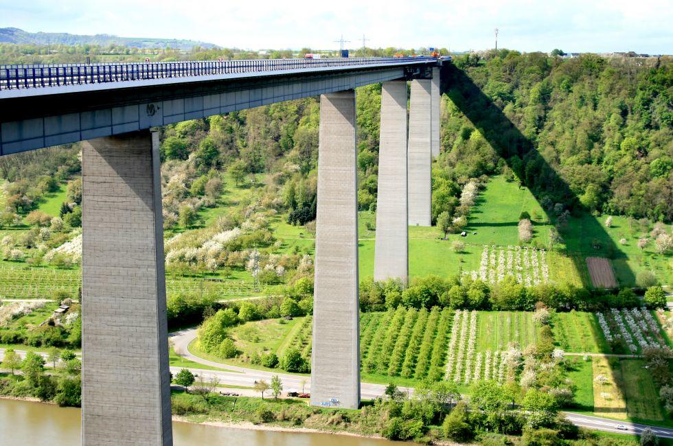 The Mosel Bridge, built 1968-72, above ground 133 meters, is a six-lane autobahn bridge with spans corresponding to a total length of 935.1 meters. The bridge is located on the E31 near Winningen in Germany. Photo taken on: May 01st, 2008 