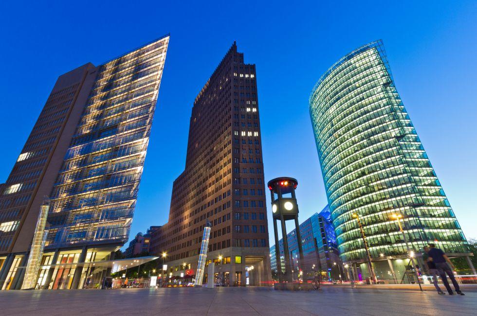 Evening view of the Potsdamer Platz intersection, Berlin, Germany