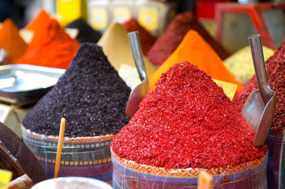Colorful spices at spice bazaar in Istanbul, Turkey.