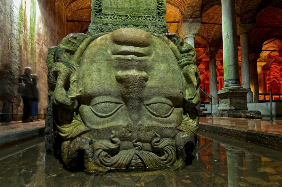 ISTANBUL - NOV 11: Medusa head shown in the Basilica Cistern on Nov 11, 2010 in Istanbul, Turkey. It is 143m long and 65m wide underground water container the most unusual tourist attraction; Shutterstock ID 151654169
